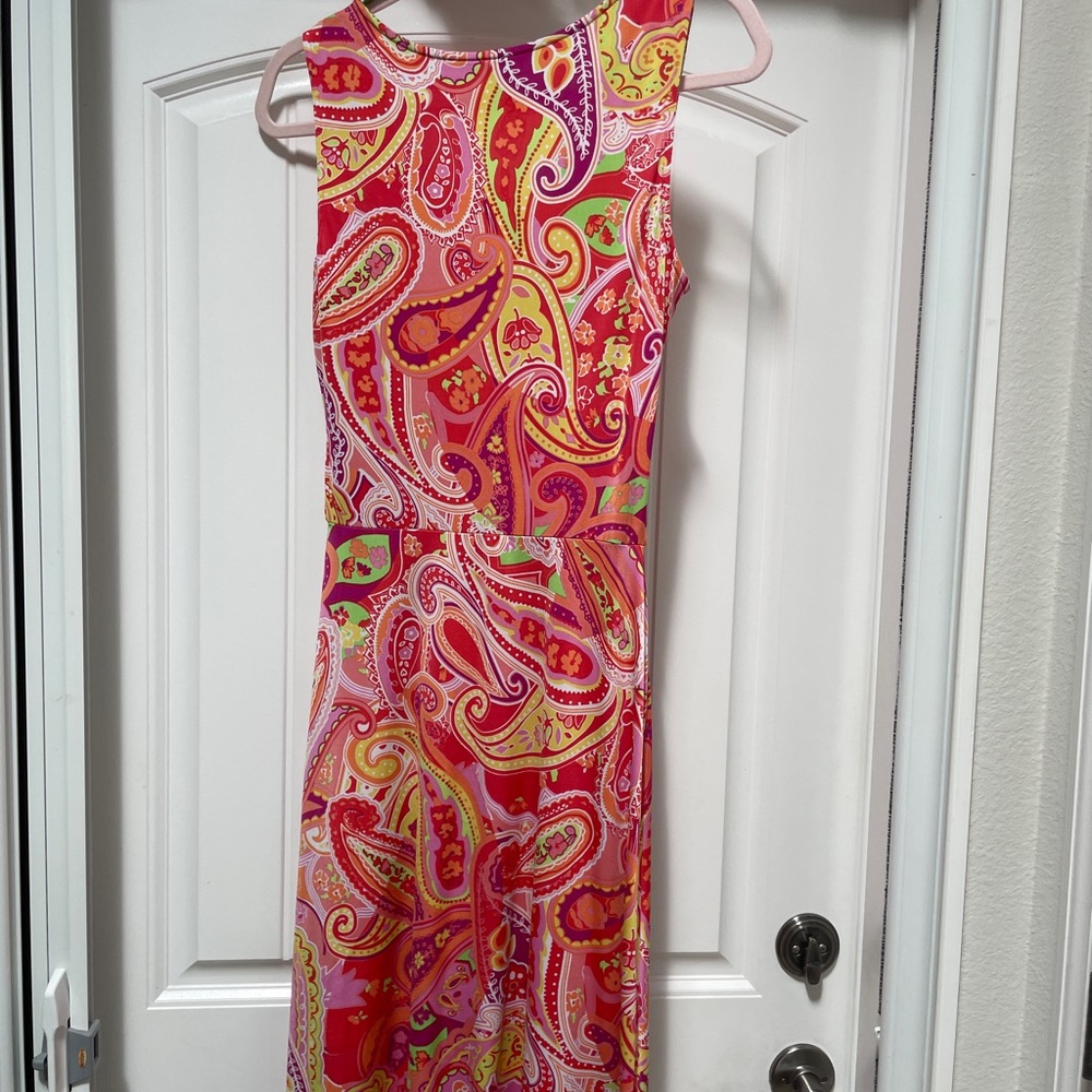 Chaps Sleeveless Faux Wrap, Midi V Neck Dress. Paisley Surplice Orange & Pink 🩷 - Picture 3 of 9